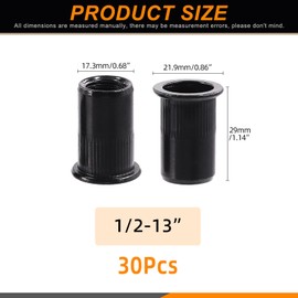 Rustark 30Pcs 1/2”-13 Rivet Nuts SAE Carbon Steel Black Zinc Plated Rivet Nuts Knurled Flat Head Rivnuts Threaded Insert Nuts