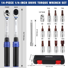WORKPRO 1/4-inch Drive Click Torque Wrench, Inch Pound Bike Torque Wrench Set, Dual-Range 20-240 in.lb / 2.3-27.1 N.m, Lightweight Aluminum Handle, 72-Tooth, 14 Pcs, Precision for Bicycle Maintenance