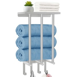 Bathroom Towel Rack with 4 Hooks - Wall Mount Towel Holder for Bathroom with Metal Shelf, Ideal Bathroom Storage Organizer and Decor（Grey）