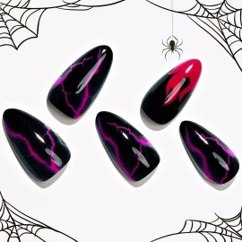 GLAMERMAID Almond Press on Nails with Red Thunder, GLAMERMAID Black Oval Fake Nails with...