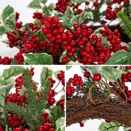 18" Christmas Wreath for Front Door Artificial Wreath with Berry Clusters and Holly Leaves for Christmas Thanksgiving Winter Holiday Decoration