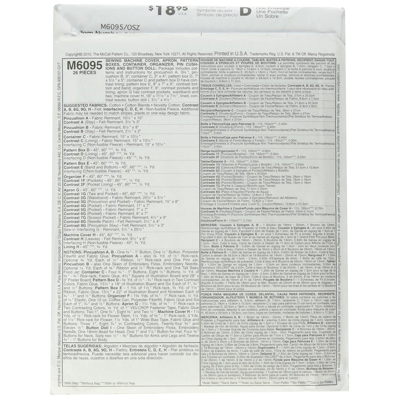 McCall's Patterns M6095 Sewing Machine Cover, Apron, Pattern Boxes, Container,