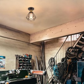 TOKIUS Ceiling Lamp, 16 cm Vintage Ceiling Light in Industrial Design Retro Lamp Cage Pendant Light Black Iron Lampshade with E27 Socket Brass Hallway Lamp (Pack of 1)