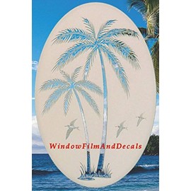 Leaning Palm Trees Oval Etched Window Decal Vinyl Glass Cling - 26" x 41" - White with Clear Design Elements