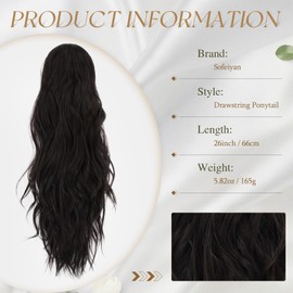 Sofeiyan Brown Ponytail Extension, 26" Long Wave Drawstring Ponytail Hair Extension Natural Clip in Ponytail Hair Extensions Synthetic Pony Tail Hairpieces for Women, Black Brown