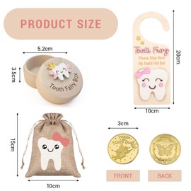 DOOCECIY 5 Pcs Tooth Fairy Kit, Wooden Tooth Fairy Gift Including Tooth Fairy Box Bag Coin and Door Hanger