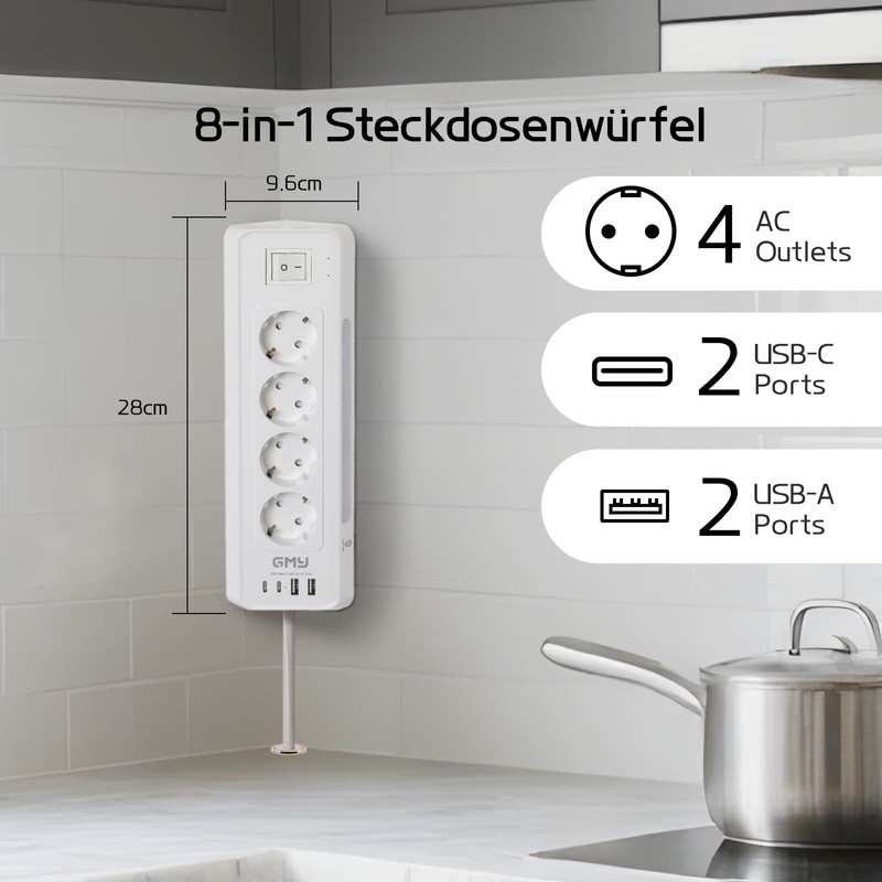 White Power Strip with 4 USB Ports, Multiple Socket with