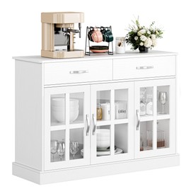 FOTOSOK Sideboard Buffet Cabinet with Glass Doors, Buffet Sideboard Kitchen Sideboard Cabinet Buffet Table with 2 Storage Drawers & Shelves for Dining Living Room, White