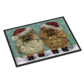 Caroline's Treasures PPP3267MAT Pomeranian Christmas Lighten Up Doormat 18x27 Front Door Mat Indoor Outdoor Rugs for Entryway, Non Slip Washable Low Pile, 18H X 27W
