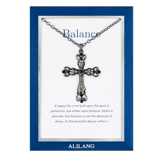 Alilang Black & Silver Holy Cross Pendant Necklace with Balance