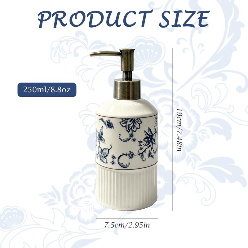 Blue Floral Ceramic Soap Dispenser 8.8Oz with Pump