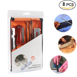 Chainsaw Sharpener File Kit - Includes 5/32, 3/16, and 7/32 Round Files, 6 Inch Flat File, Wood Handle, Depth Gauge, Filing Guide, and Tool Pouch - for Sharpening Chain Saw Blades, 8 Piece