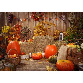 AIIKES 7x5FT Autumn Thanksgiving Background Photography Background Pumpkin Harvest Background Antique Wooden Board Barn Pumpkin Leaf Flower Party Decoration Photo Hall Booth Prop 11-914