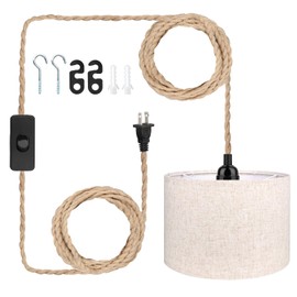 Zevnico 16.5FT Plug in Pendant Light, Hanging Lamp with Lampshade Plug in Cord Light Fixture, Hemp Rope ON Off Switch, Beige Linen Fabric Lamp Shade for Dining Room, Kitchen, Living Room, Bedroom