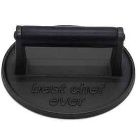 JNXHON Best Chef Ever Heavy Duty Cast Iron Grill Press Burger Press Bacon Press Barbecue Press Meat Press Burger Smasher Round Flat Press with Anti Scalding Wooden Handle Unique Chef Gifts (6.5")