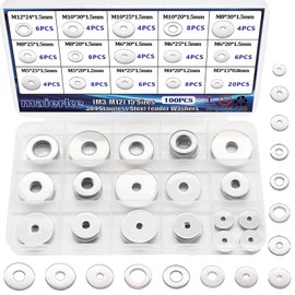 maierke 100PCS 18-8(304) Stainless Steel Fender Washers for Screws and Bolts,15 Sizes Metric Fender Washer Assortment Kit M3, M4, M5, M6, M8, M10, M12 Hardware Flat Washers for Home & Industrial