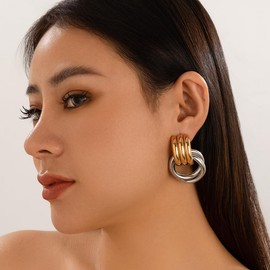 ALRNBY Chunky Gold Earrings for Women Dainty Two Tone Earrings Hoop Huggie Geometric Dangle Earrings Hypoallergenic Fashion Trendy Jewelry Gifts (ST1)