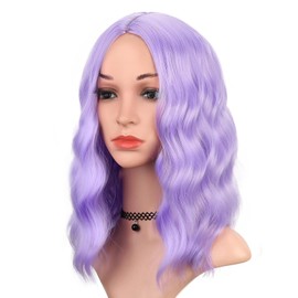 BEAUTIFA Purple Wig for Women Wavy Curly Lavender Bob Wigs Middle Part 14 Inch Shoulder Length Heat Resistant Synthetic Colorful Wig