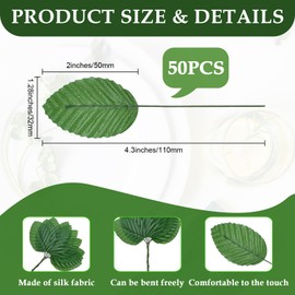 MARRTEUM 50Pcs Artificial Silk Leaf, Fabric Floral Fake Wire Crafts Leaves Faux Flowers for DIY Wedding Corsage Party Home Decoration Banquet and Christmas Hawaiian (Green)