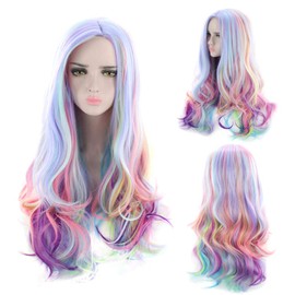 Lurrose Wig Long Wavy Rainbow Colours Curly Wig for Festivals Party Halloween Cosplay