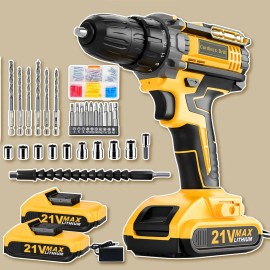 Cordless Drill 21V Dual 2.0Ah Power Pack 3/8" Chuck 950 RPM 25+1 Torque Compact 90 Accessories DIY Home Repair Giftcolor: Yellow