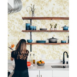 Froluya Gold and Cream White Vintage Floral Wallpaper Peel and Stick Wallpaper Removable Boho Peel and Stick Wallpaper Self Adhesive Wall Paper for Bedroom Cabinets Shelf Liner Vinyl Roll 118"x17.7"