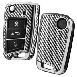 OATSBASF Car Key Case Compatible with VW, VW Golf 7 Key Case, Key Box Cover for VW Polo, Skoda, Tiguan, MK 7 3 Buttons (Silver with Carbon Fibre Pattern)