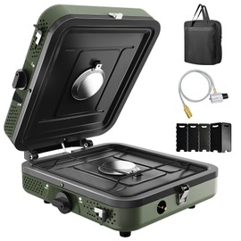 Camping Stove, 2 Burner Propane Stove With Grill,17,000 BTU Camp Stove, Foldable Camping Stove Propane Includes Carry Bag,Windscreen & Grill,Adjustable Burners & Piezo Ignition for Tailgating,BBQ,Camp