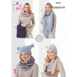 King Cole Ladies Rosarium Mega Chunky Knitting Pattern Easy Knit Snood Scarf Hat & Bag (5755)