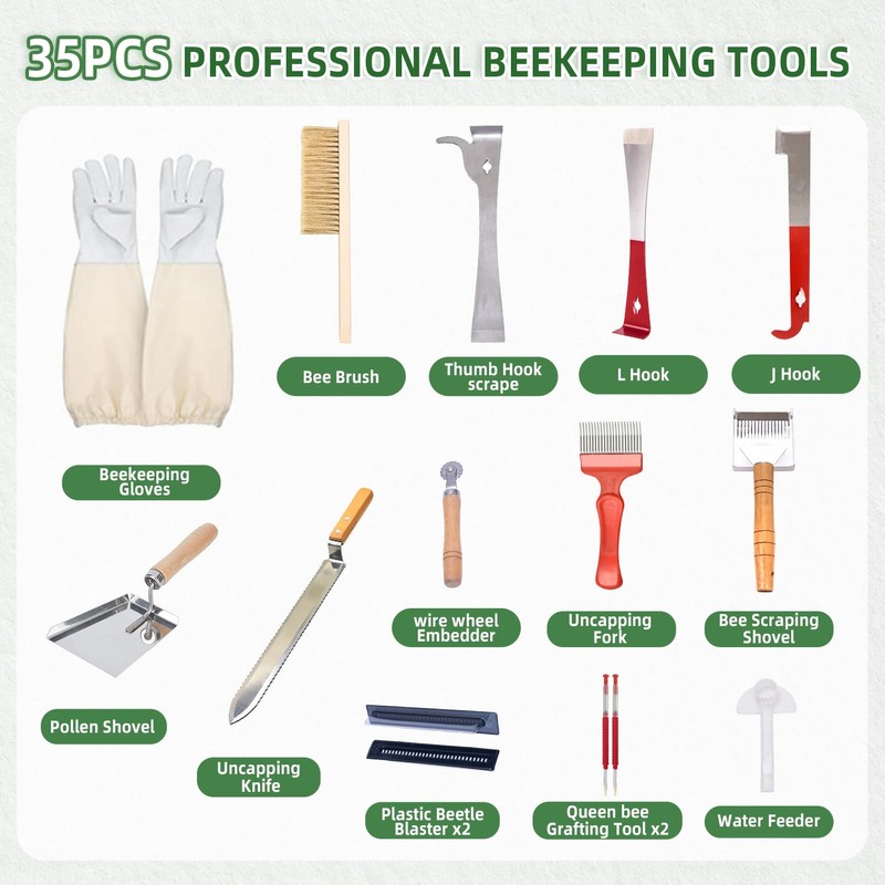 POLLIBEE 35Pcs Beekeeping Supplies Starter Kit with Bee Suit,Smoker &