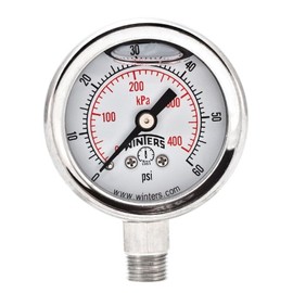 Winters PFQ Series Stainless Steel 304 Dual Scale Liquid Filled Pressure Gauge with st/st Internals, 0-60 psi/kpa 1-1/2" Dial Display, +/-2.5% Accuracy, 1/8" NPT Bottom Mount