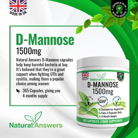 D-Mannose | 365 Capsules | Max Strength 1500mg per Serving - Precision DMannose - Vegetarian Capsules not Tablets or Pills, Made in The UK (365 Count (Pack of 1))