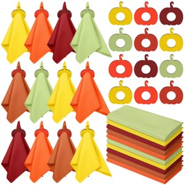 Gandeer 24 Pcs Fall Thanksgiving Cloth Napkin with Wooden Pumpkin Napkin Rings Set 5 Colors Autumn Reusable Cocktail Fabric Ring Holders for Wedding Party Dinner Table Supplies