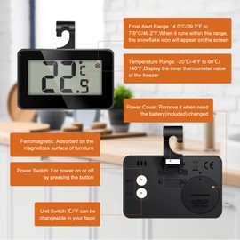 AiQInu Pack of 2 Mini Thermometer Fridge Digital, Magnetic Fridge Thermometer with Hooks, Freezer Thermometer LCD Display Reading, Thermometer with Frost Alarm for Home, Black
