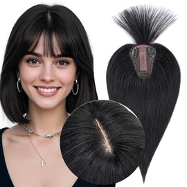 MY-LADY Human Hair Toppers for Women Real Human Hair with Bangs Thin 8 * 10CM Lace Silk Base Clip in Remy Hairpieces Hand-Tied Light Weight 10 Inch Jet Black