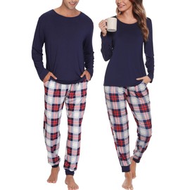 SWOMOG Men & Women Pajama Sets for Couples Long Sleeve Sleepwear Plaid Pants Loungewear Set with Pockets Men Z - Navy Blue - Solid Top XX-Large