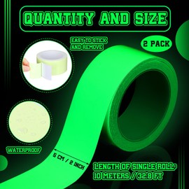 Fuyoooo 2 Pack 2 Inch x 32.8 ft Wide Glow in The Dark Tape Green Long-Lasting Bright Fluorescent Strong Adhesive Warterproof Tape for Night Decorations, Stairs, Walls and Exit Sign