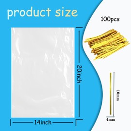 Clear Flat Open Poly Bags,100pcs Food Storage Bags with 100pcs Twist Ties, 1.1Mil Plastic Bag For Packaging,Storage Food, Proving Bread, Gift Wrap, and More.(14x20Inch)