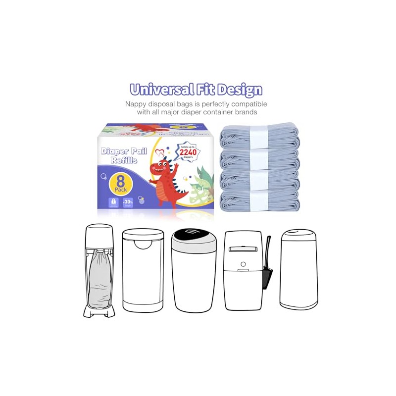 8 Pack Nappy Bin Refills Compatible with Most Nappy Disposal