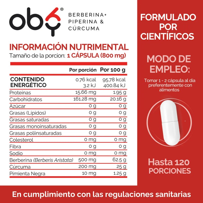 Berberina Hcl 1000mg Piperina Curcuma Oby Glucontrol 120 Capsulas