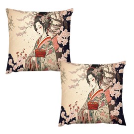 Japanese Pillow Case Sets,Ployester Sofa Throw Pillow Cover Set of 2,Retro Beautiful Flower Japan Geisha Girls Cherry Blossom Square Couch Pillow Protector Cushion for Sofa Bed Decor 18 "x18