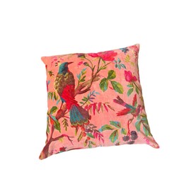 Alia Enterprises Velvet Floral Bird Print Throw Pillow Sofa Cushion Cover Case | Couch Bohemian Accent | Colorful Boho Chic Indian Handmade Cover Only (Peach, 20" X 20")
