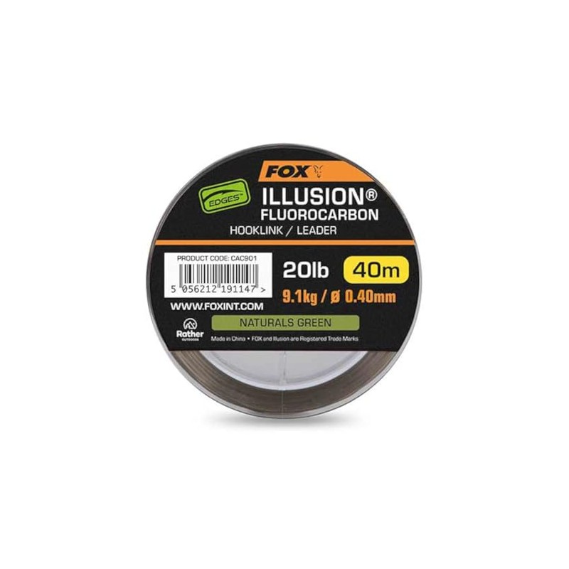 Fox Edges Illusion Fluorocarbon Hooklink Leader, Natural Green, 40m, 20lb