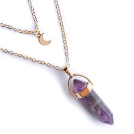 Textiles 4 Home Woman’s Natural Hexagon Quartz Chakra Crystal Pendant Double Layer Moon Necklace Gold (Amethyst)