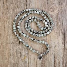 Yoga Symbol 8mm Mala Beads Bracelet 108 Spiritual Necklace Meditation Accessories Jewelry for Women Men Gifts (Sesame Jasper)