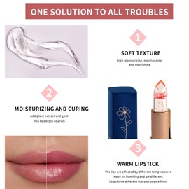 Colour Changing Lipstick, Crystal Flower Long Lasting Moisturising Lipstick Gift for Women, Clear Jelly Hydrating Tinted Lip Balm Magic Temperature Color Change Moisturizer for Cracked Lips