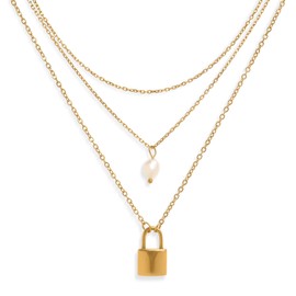 Jean Beau Lock Pendant Layered Gold Necklaces Set for Women, 2PCS Dainty 14K Gold Plated Padlock Pearl Chain Stackable Necklace Everyday Party Fashion Jewelry Gift