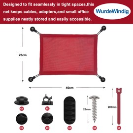 WurdeWindig Under Desk Cable Management Net – Heavy-Duty Elastic Wire Tidy, 1-Minute Setup, Child & Pet-Safe Cable Organiser for Home/Office/Gaming Desks,Washable Oxford Fabric(Red,40 * 28 cm)