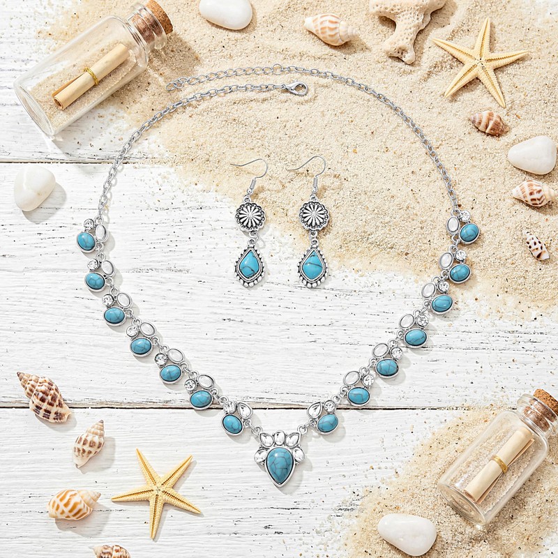 EARENT Boho Teardrop Turquoise Jewelry Set Western Necklace Dangle Earrings