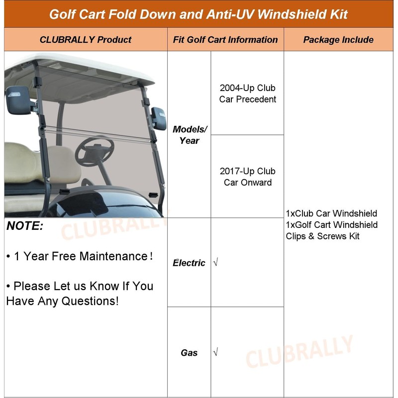 CLUBRALLY Golf Cart Windshield, Fold Down and Anti-UV Windshield Kit
